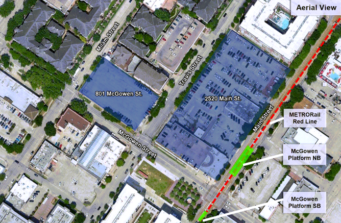 Aerial map of the proposed MPD headquarters in Midtown Houston.
